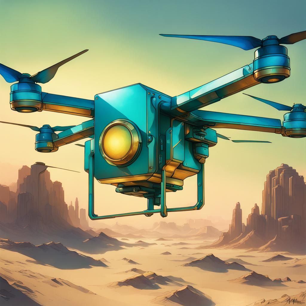 Art Deco Drones at Desert Sunrise in Metallic Watercolor