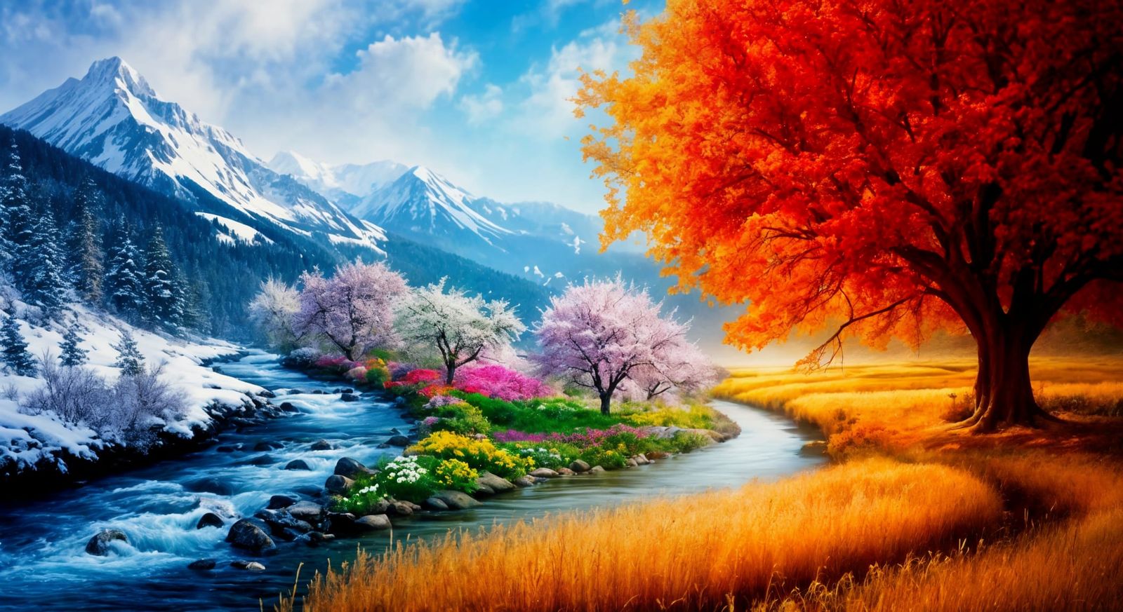 Panoramic Seasons Landscape: Mountains to Valley