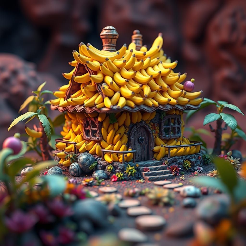 Banana House in Fantasy Landscape, Detailed Matte Painting