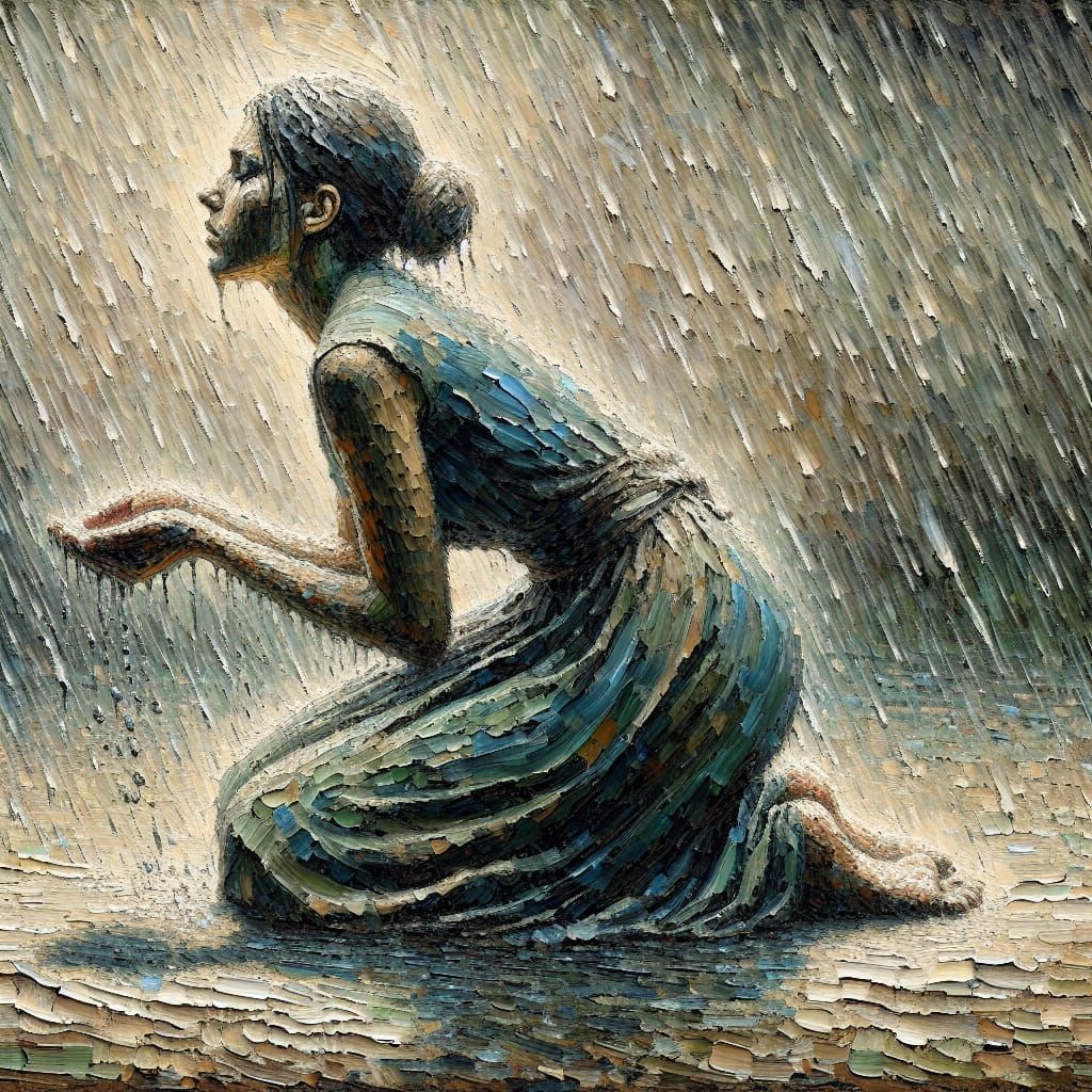 Woman Kneeling in Rain: Textured Palette Knife Painting