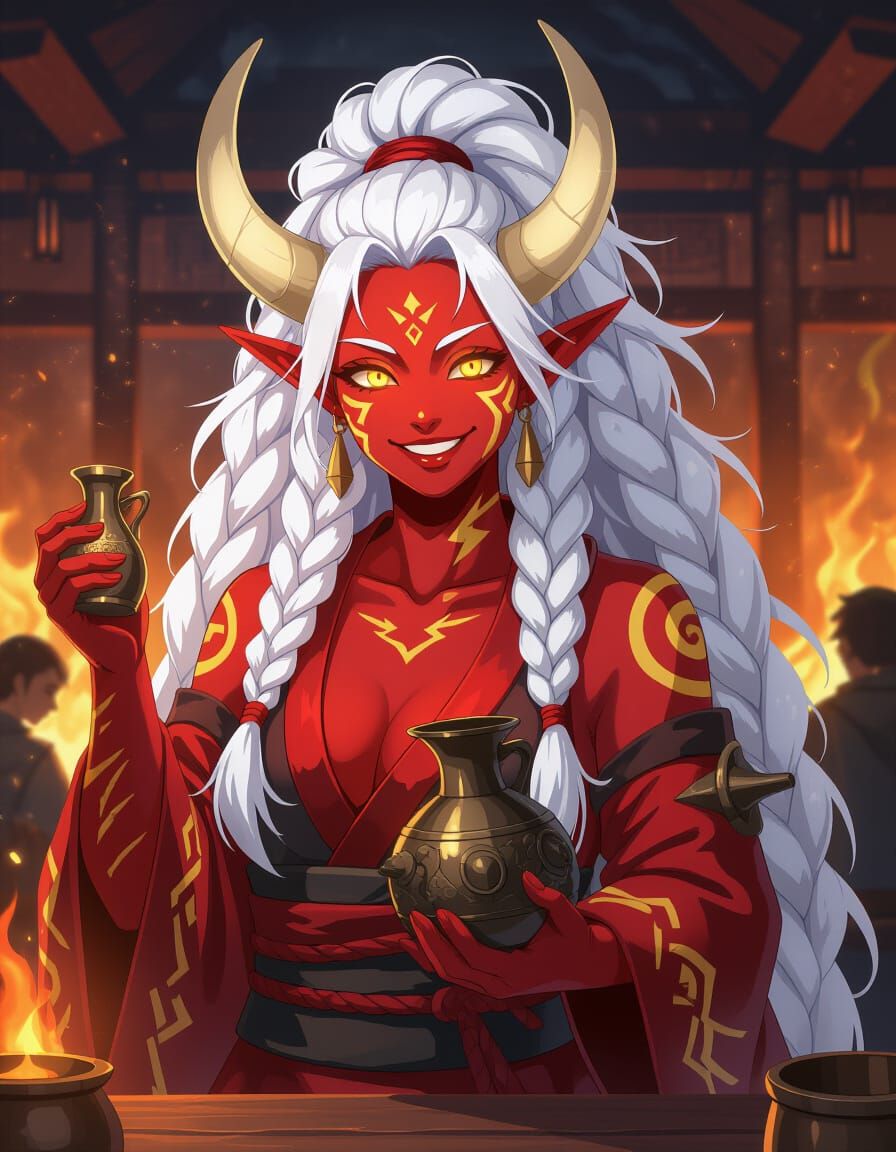 Towering Oni Woman with Sake in Starship Mess Hall