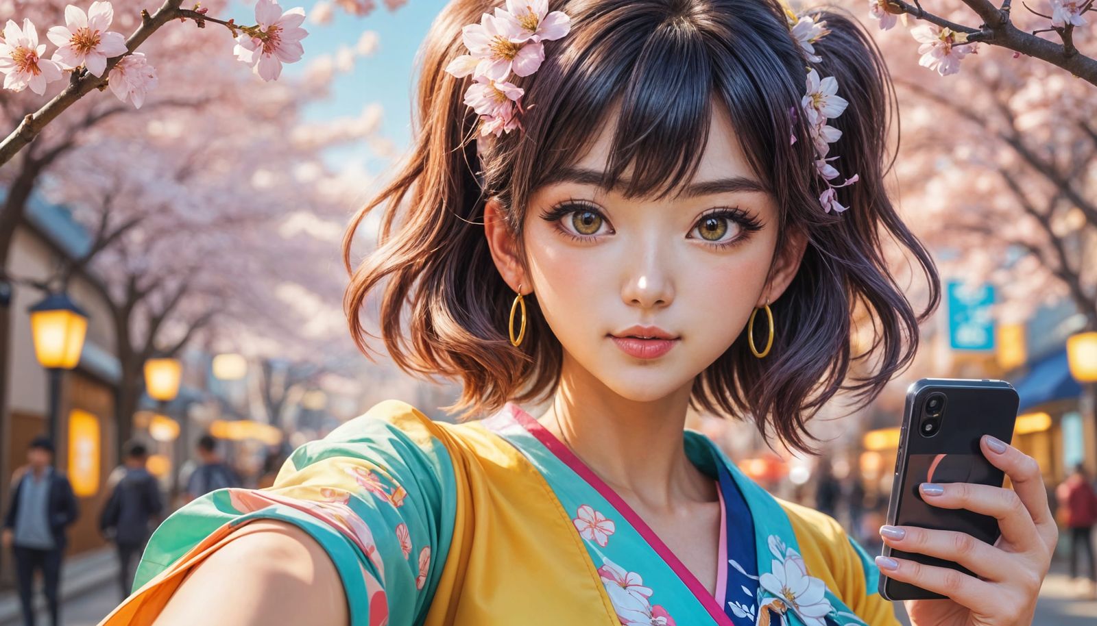 Vibrant Anime-Inspired Girl Takes a Cheerful Selfie