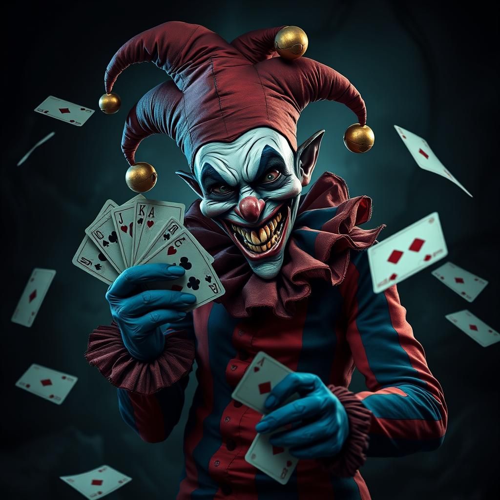 Sinister Jester with Playing Cards in Dark Fantasy Style