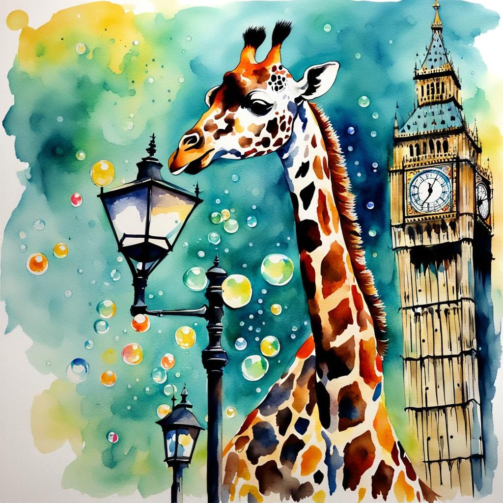 Whimsical Giraffe Enjoys Bubbles in Watercolour