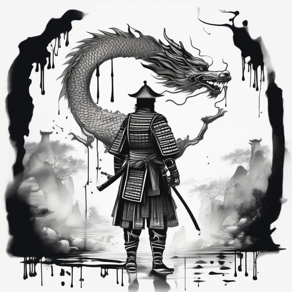 Samurai Warrior Battles White Dragon in Magical Forest