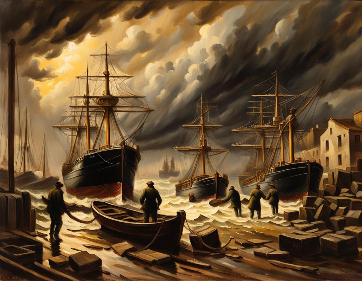 Stormy Harbor Oil Painting in Realist Style