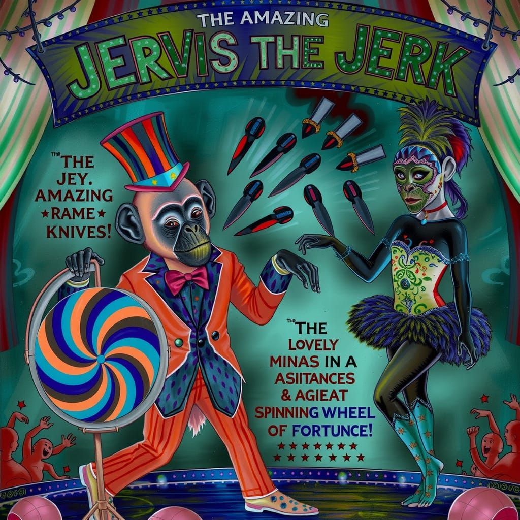 Chimp Clown Knife Throwing Act on Circus Stage