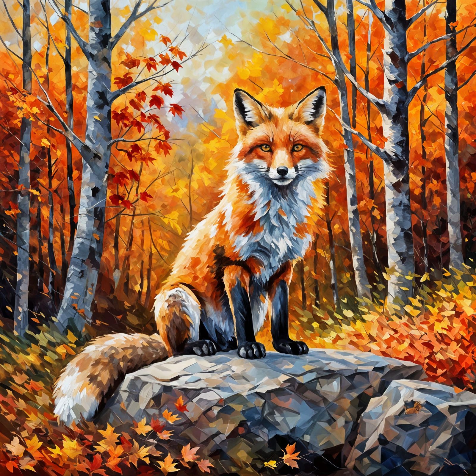 Red Fox in Autumn Forest, Impressionist Painting