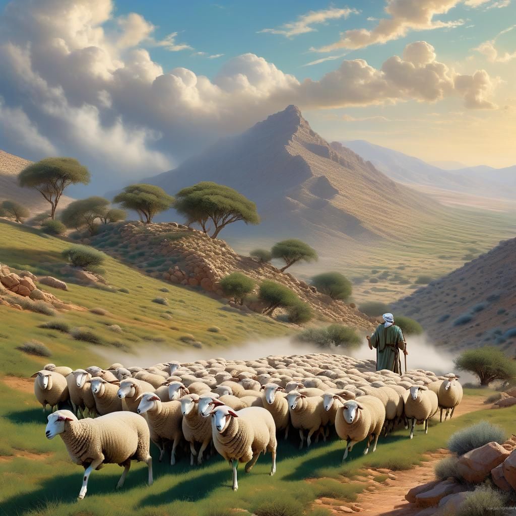Shepherd Boy Leading Sheep in Middle Eastern Landscape