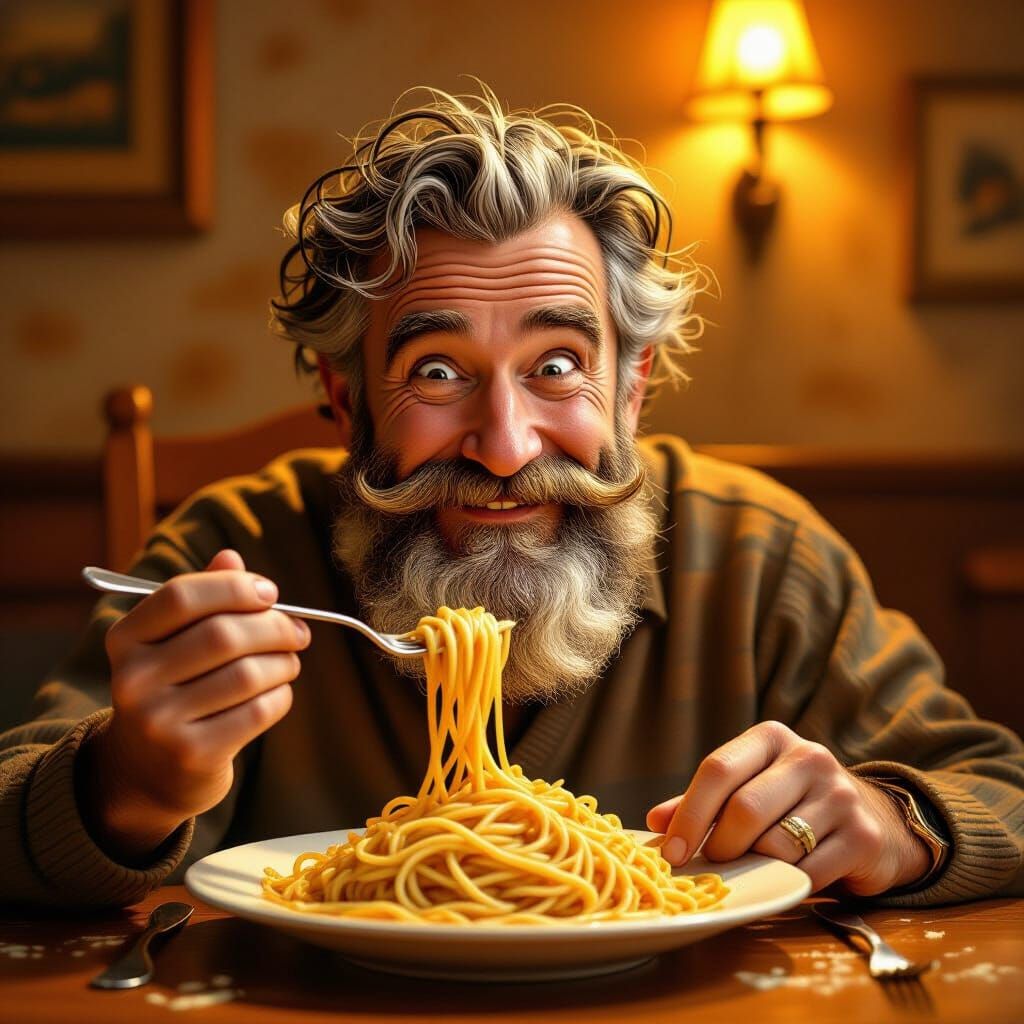 Man with Spaghetti Beard Eats Pasta