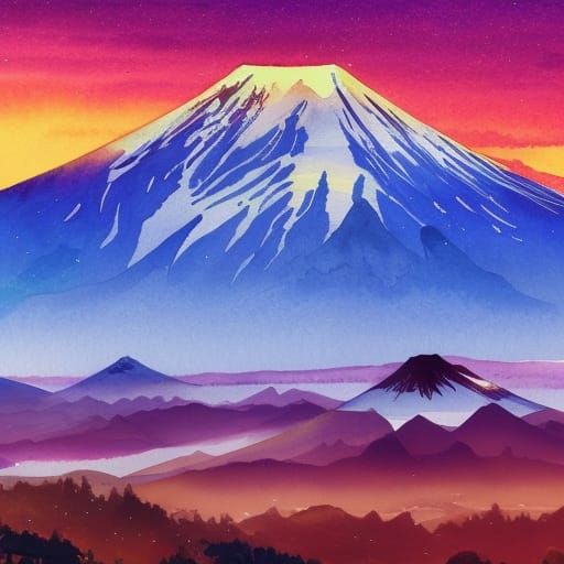 Mount Fujiyama at Dawn: Detailed Watercolor Painting
