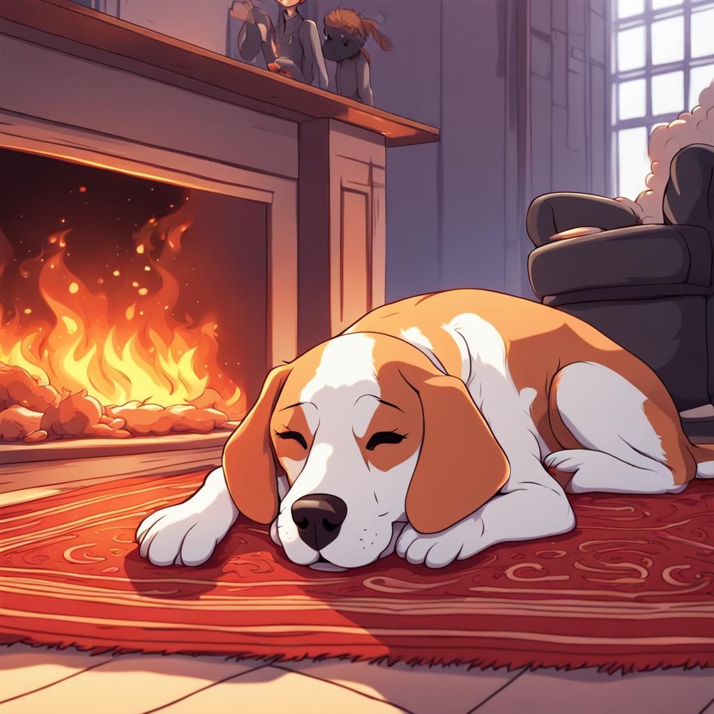 Beagle Sleeping by Fire in Anime Style