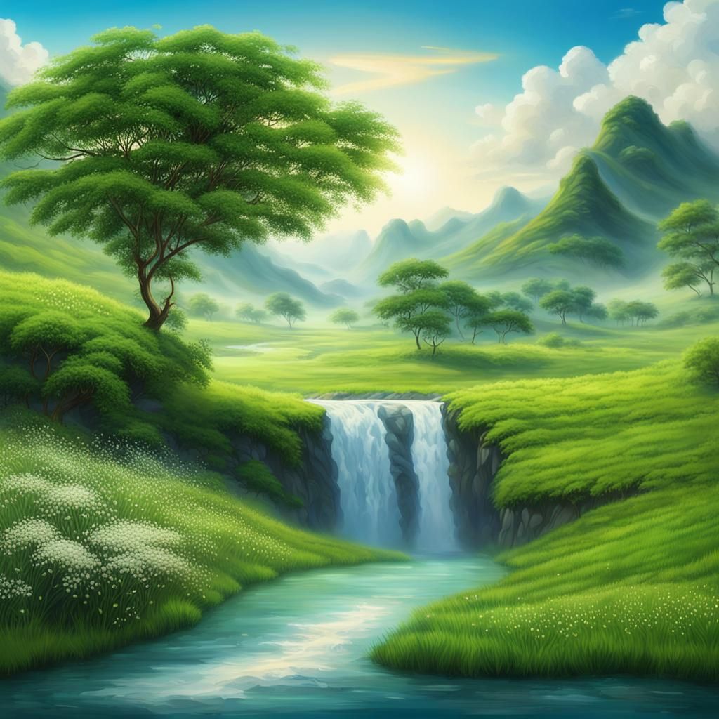 Calming Blue Sky View with Flowers and Waterfall