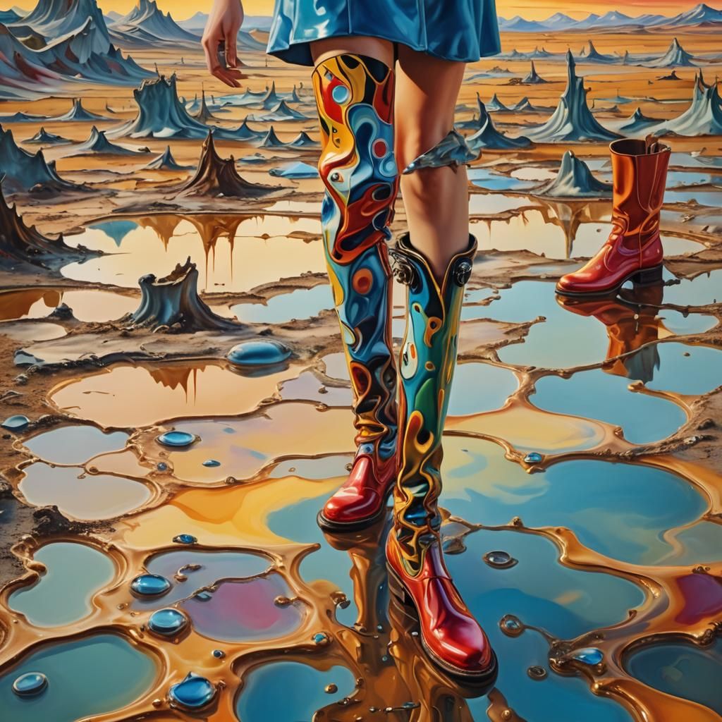 Surreal Melting Landscape with Colorful Boots