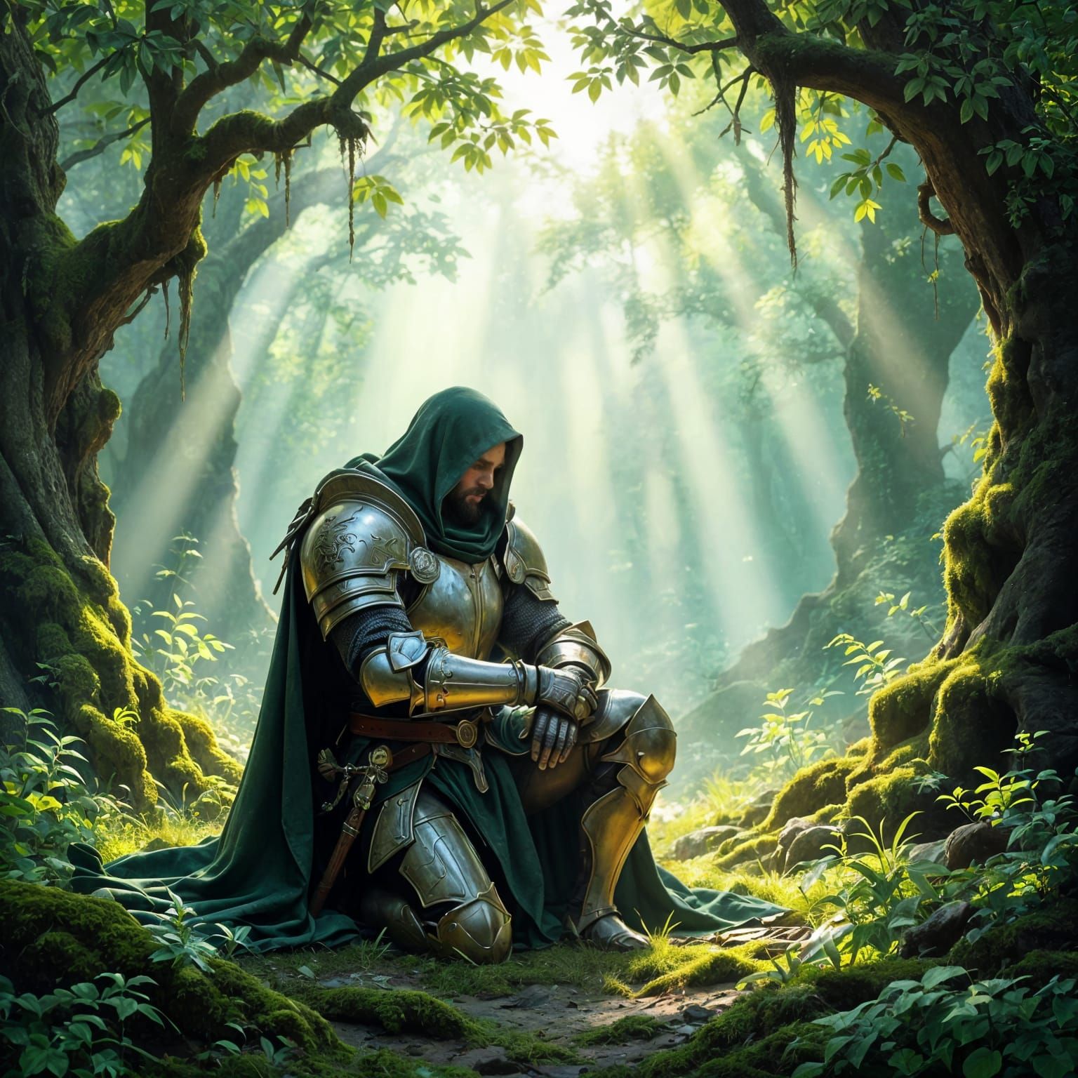 Moss-Covered Paladin in Sun-Dappled Forest Clearing