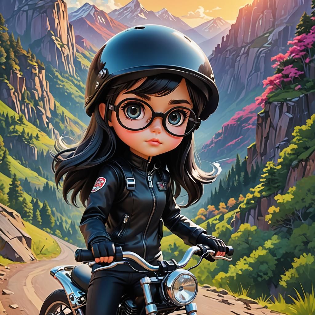 Anime Blythe Doll Rides Motorcycle in Mountains