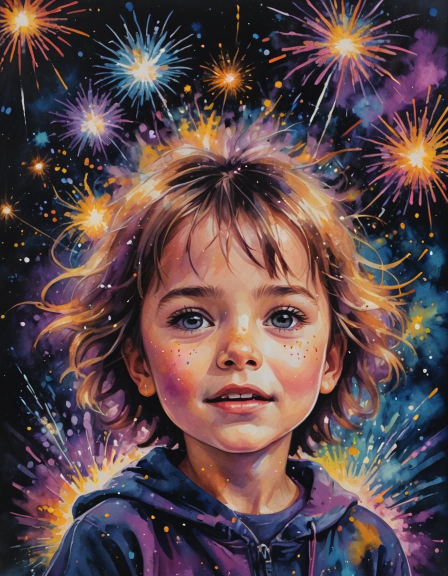 Child's Face Aglow with Fireworks: Ink Painting