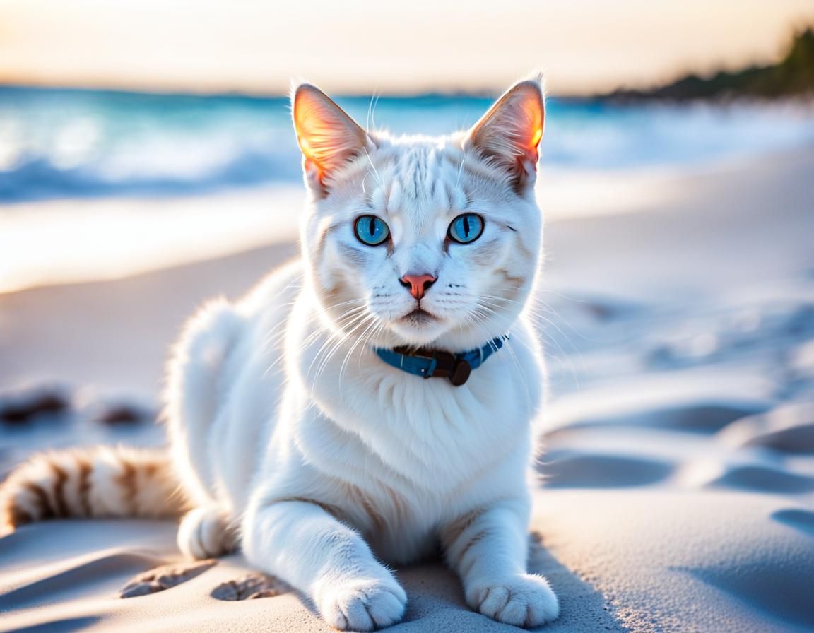 White Cat on Beach at Sunrise: Professional Photography