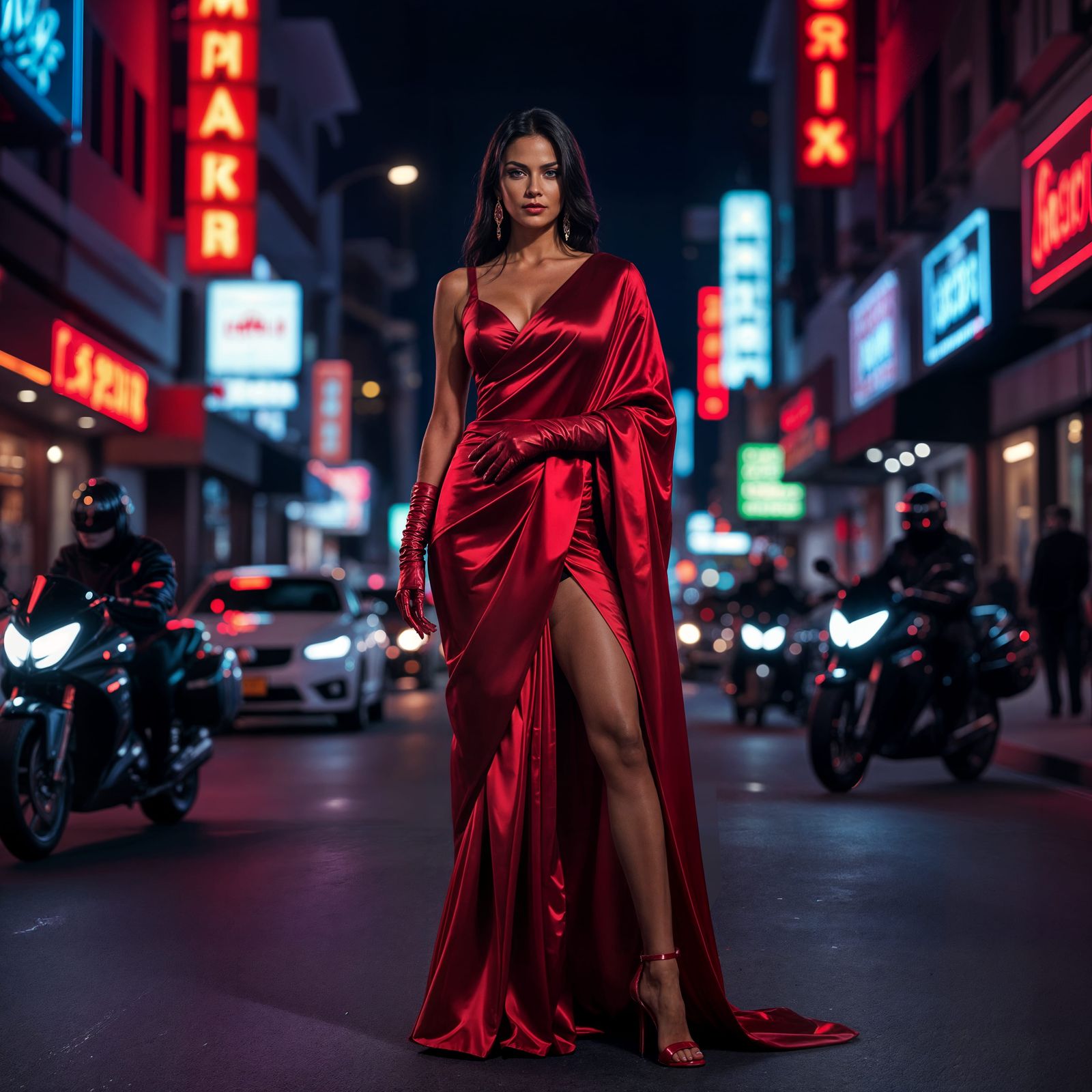 Xandra: Corporate Domme in Red Saree on Neon Street