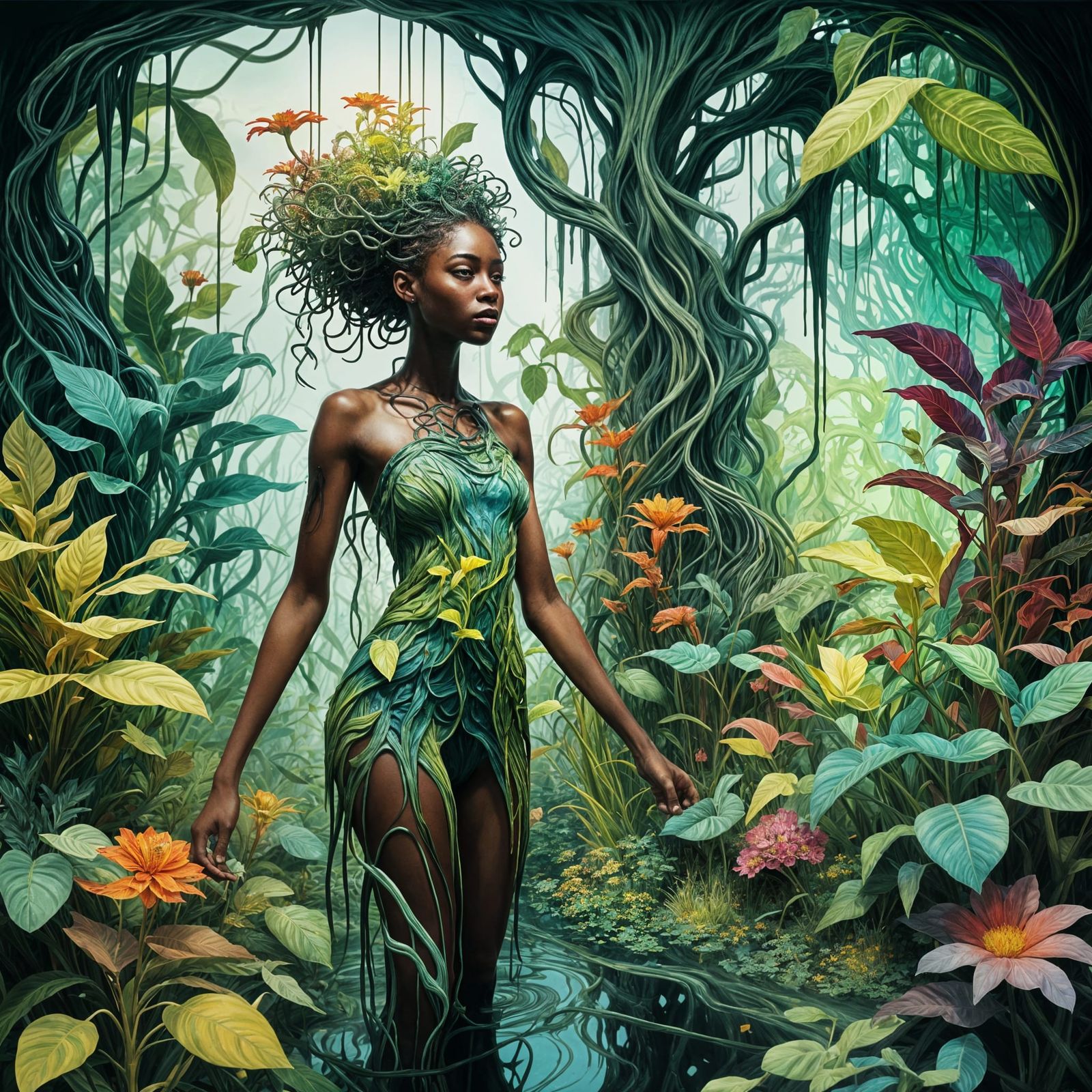 Ebony Model in Biomechanical Floral Fantasy