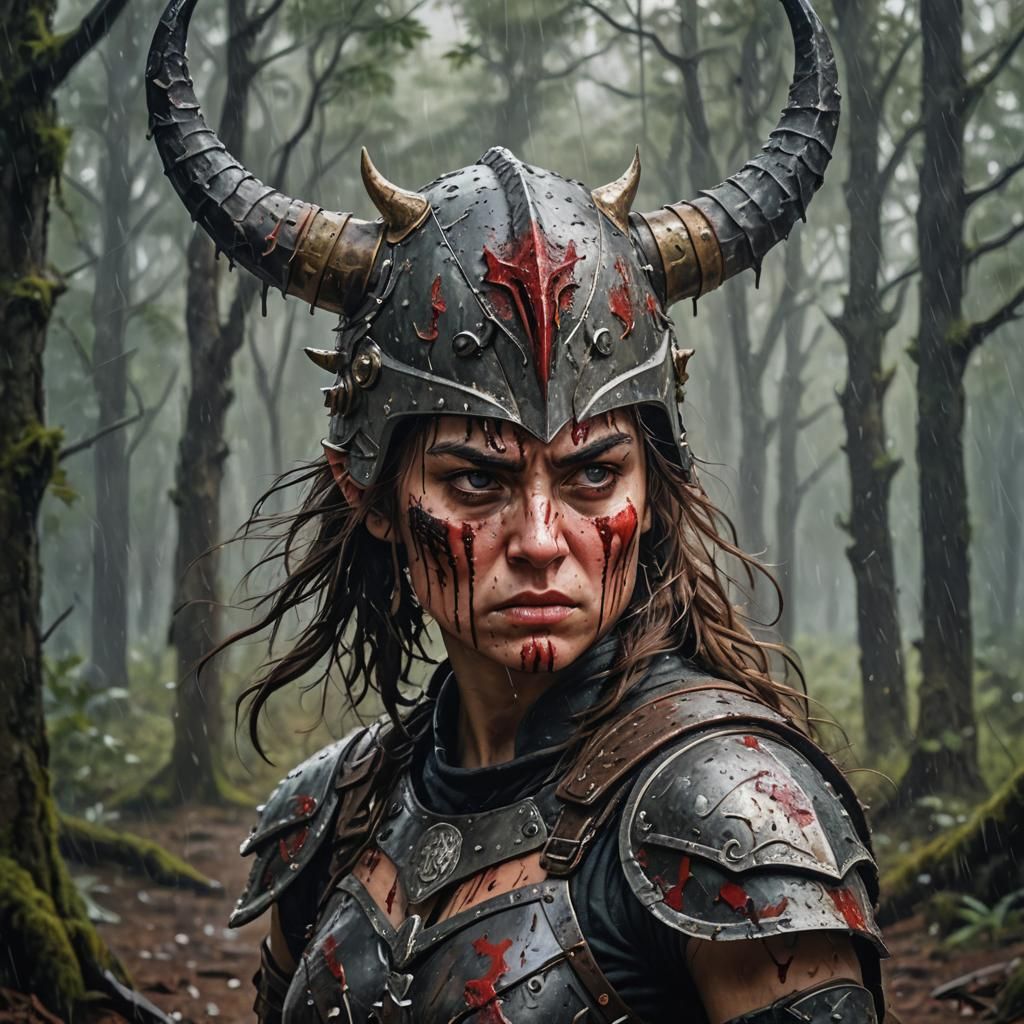 Armored Warrior Woman with Horned Helmet, Oil Painting