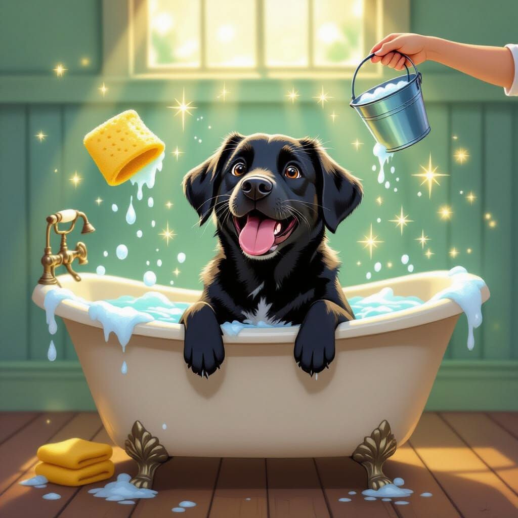 Joyful Labrador's Magical Bath in Whimsical Digital Painting