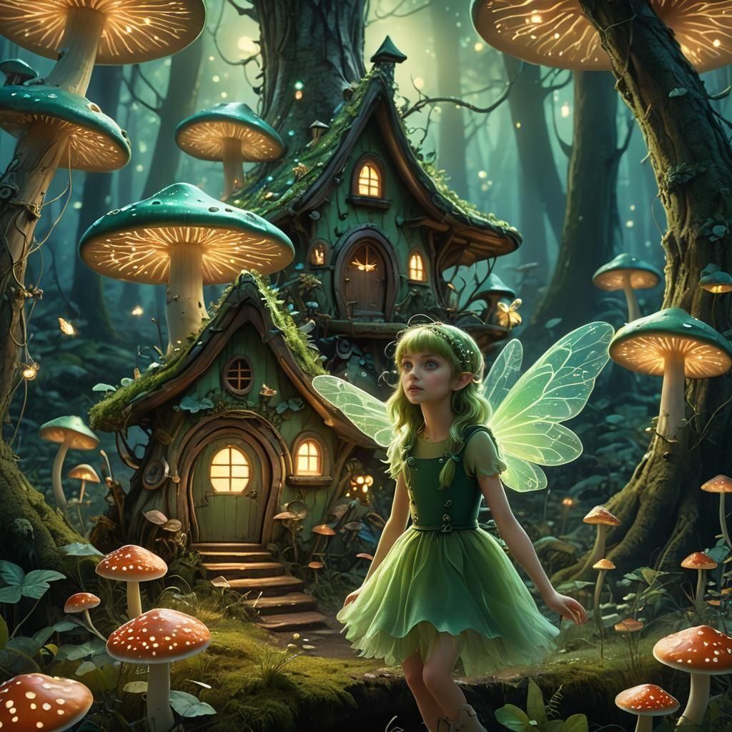 Fairy Mushroom House in Bioluminescent Forest