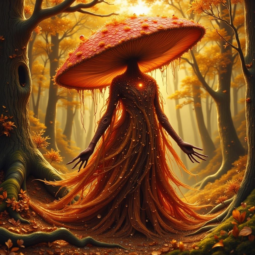 Mushroom Creature in Golden Forest, Fantasy Portrait