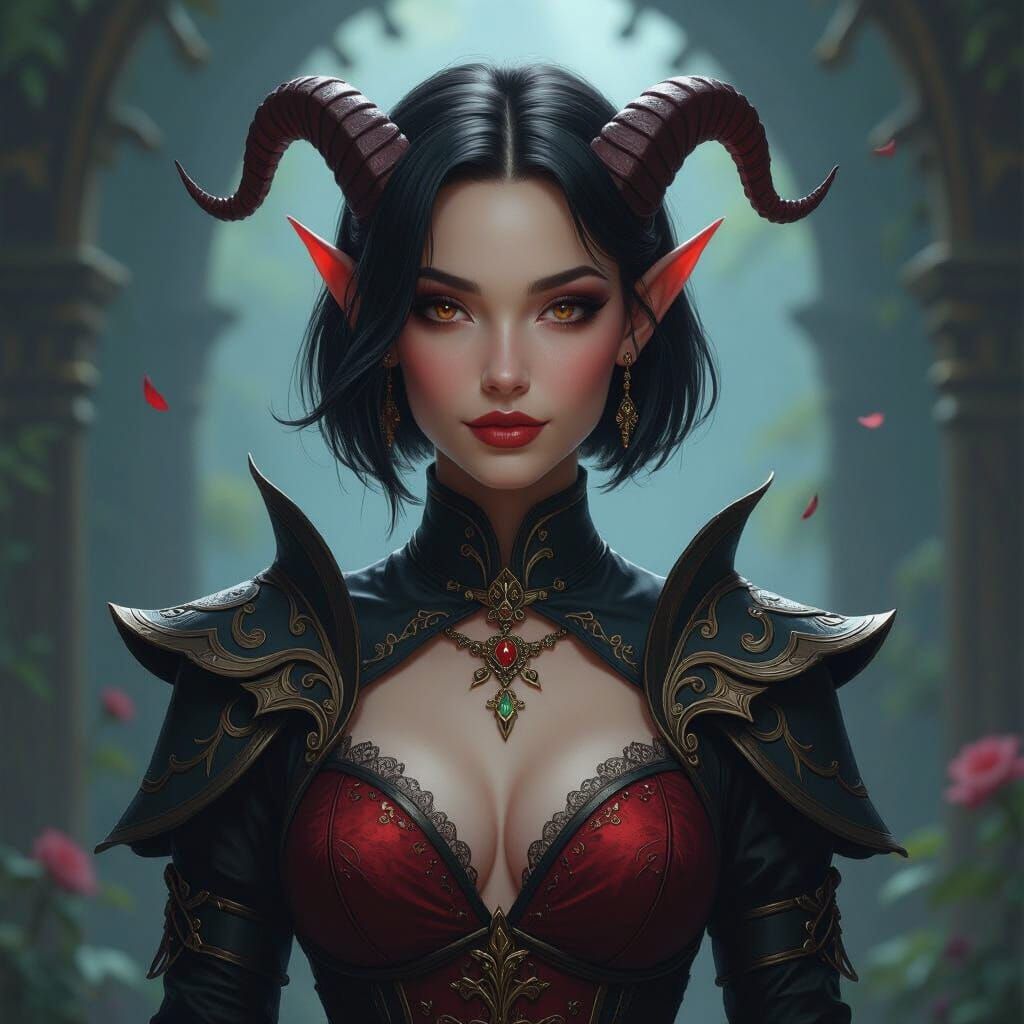 Beautiful Tiefling Cleric in a Mystical Realm