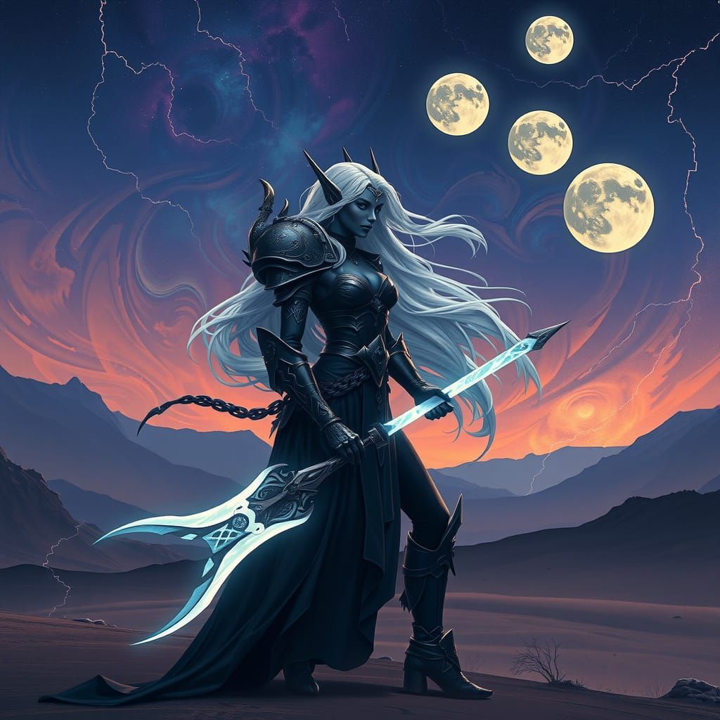 Dark Blue Drow Warrior Stands Silhouetted in Alien Desert La...