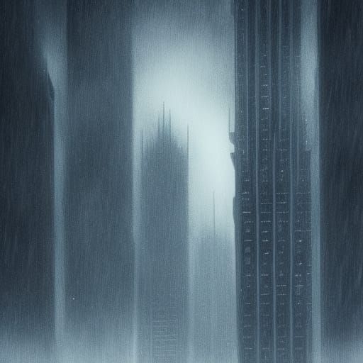 Ominous Skyscrapers in Blizzard, Surreal Digital Art
