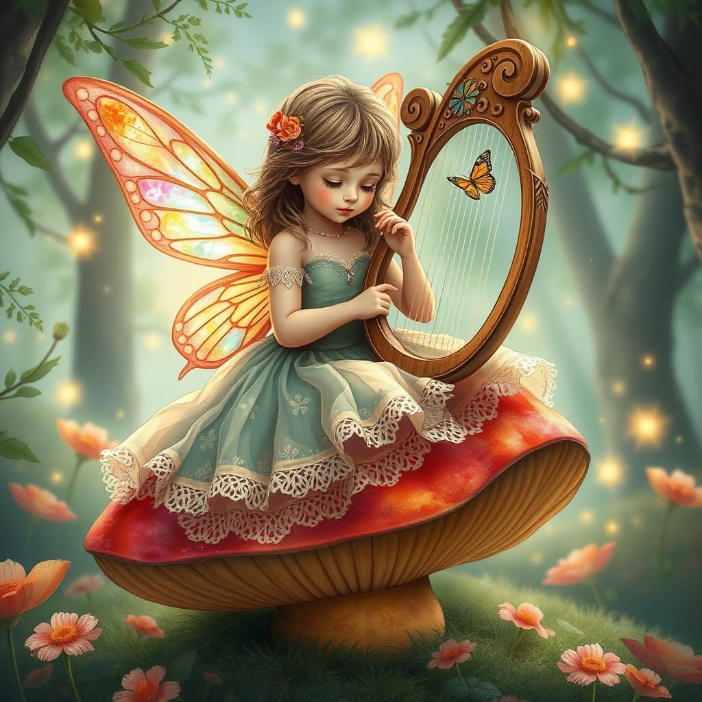 Magical Fairy Harpist in Vintage Forest
