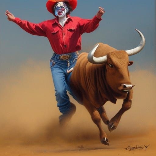Rodeo Clown Evades Angry Bull: Oil Painting