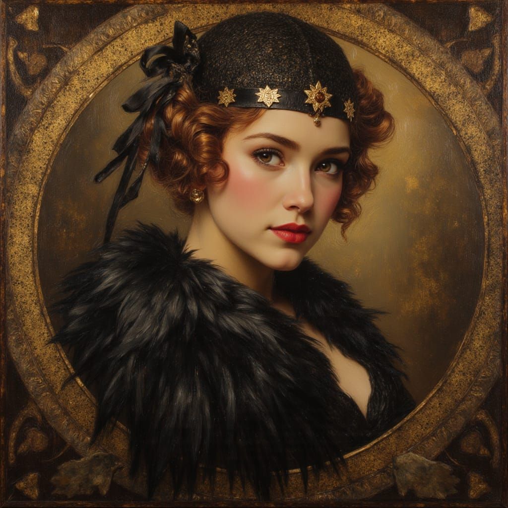 1920s Flapper in Art Deco Parlour, Brushed Oil Style