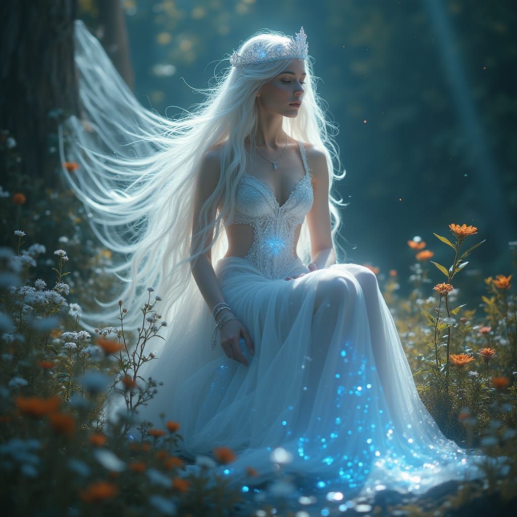 Elven Queen on Crystal Throne with Starlight Crown