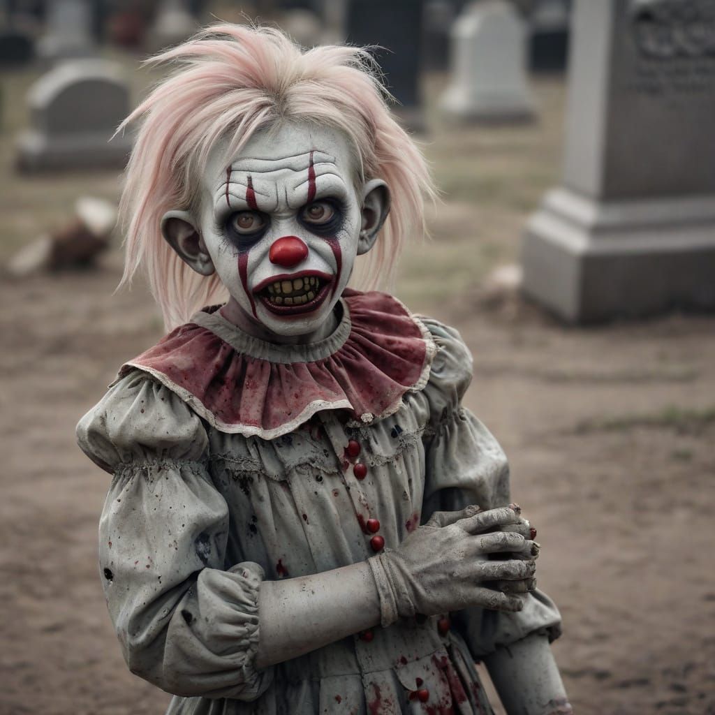 Gloomy 1930s Cemetery Scene with Zombie Monkey Monster Clown...