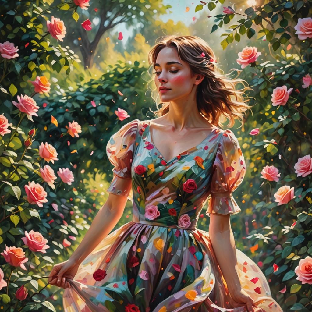 Woman with Rose in Dream Garden: Impressionist Oil Painting