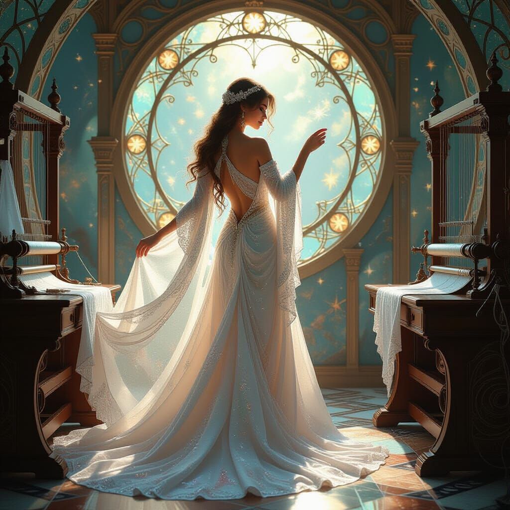 Celestial Seamstress Weaving Starlight Gowns in Art Nouveau ...