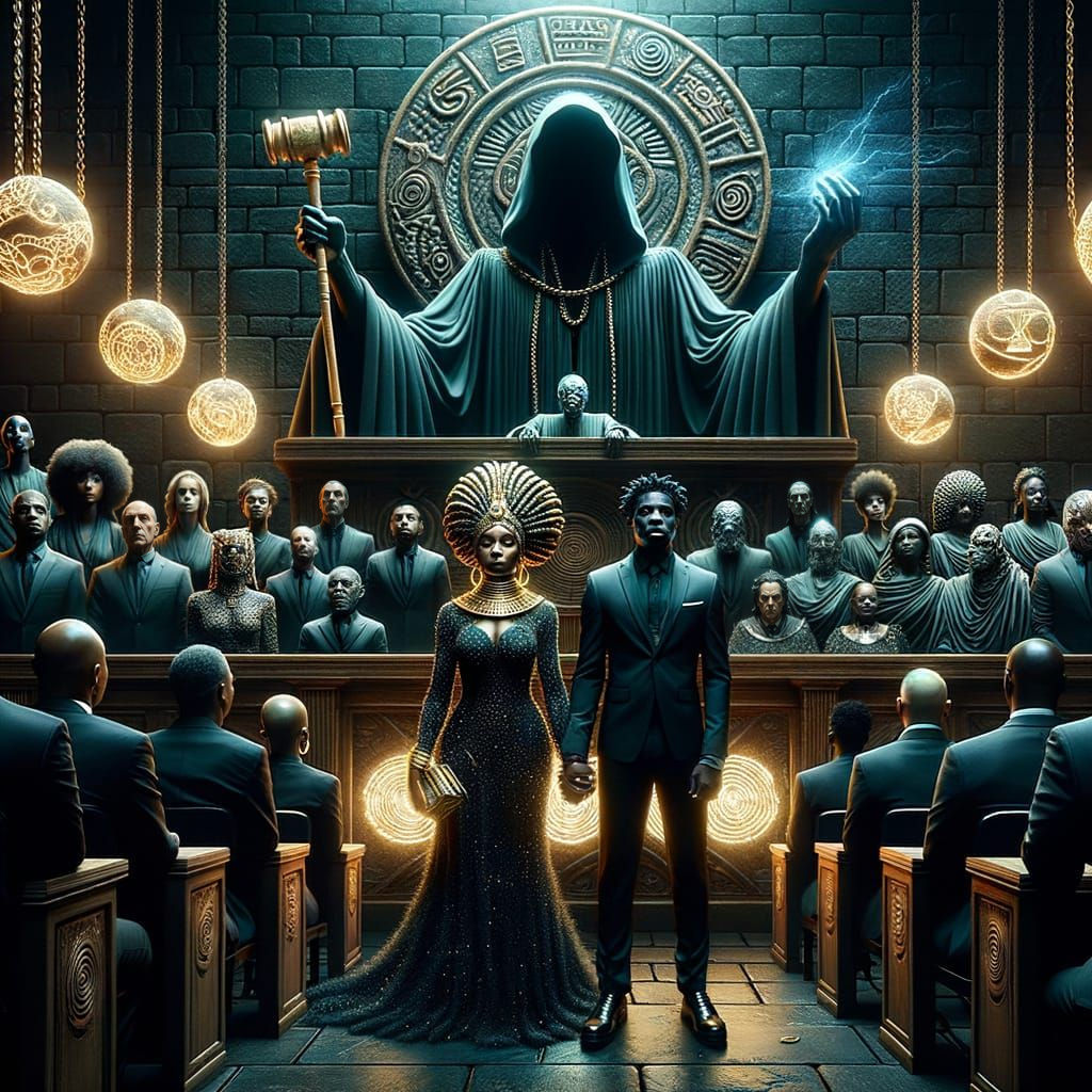 Ethereal Protest in a Cosmic Courtroom Scene