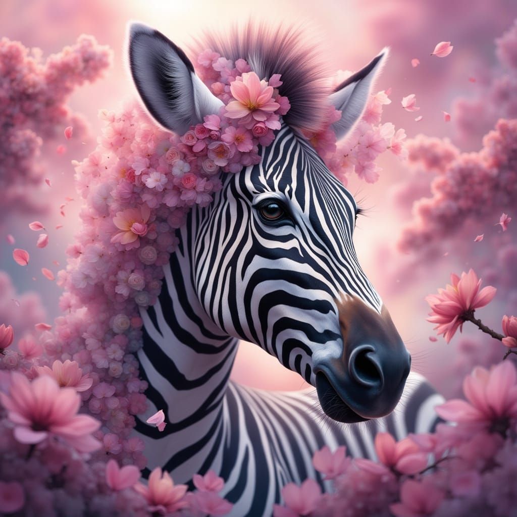 Majestic Zebra Portrait with Pink Blossoms