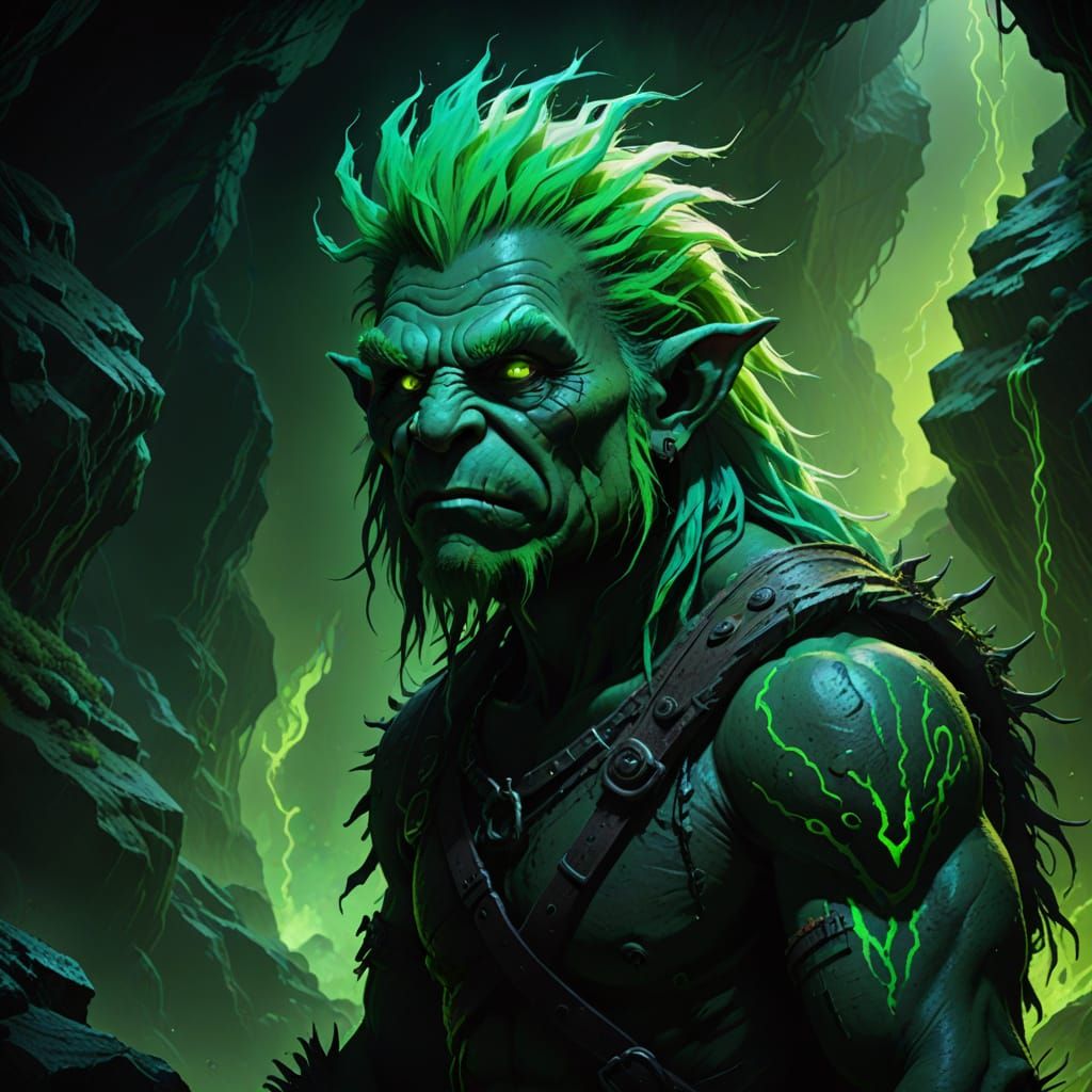 Troll with Fluorescent Green Hair in Neon Art Style