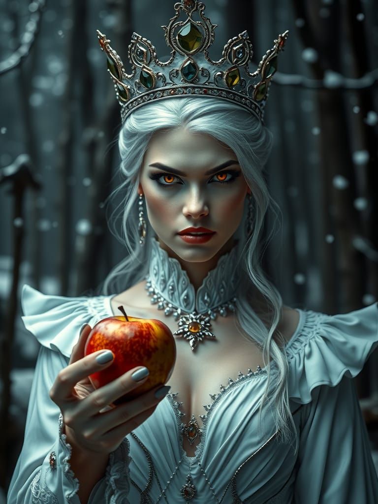 Regal Vampire Queen in Snowy Forest, Hyperrealistic Style