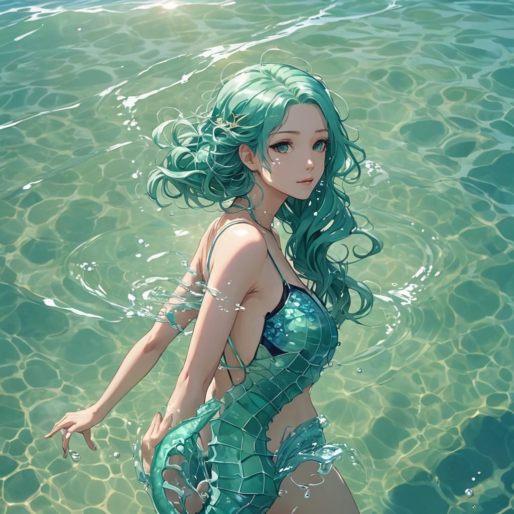 Turquoise Seahorse and Anime Girl in Tranquil Sea