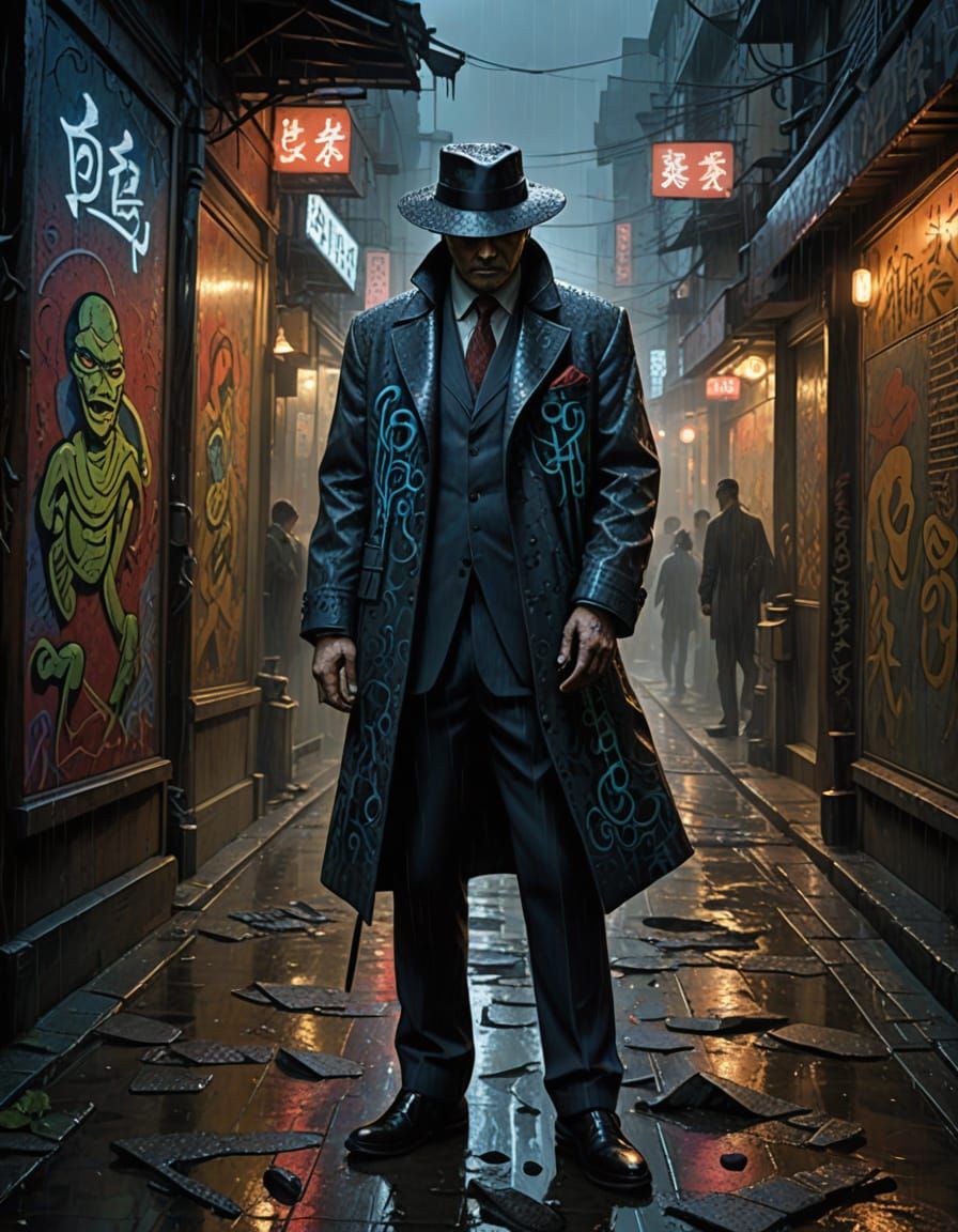 Yakuza Boss in Neon Tokyo Alleyway - Neo-Impressionist Style