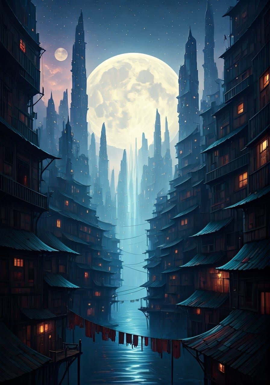 Lunar Dreamscape Shantytown Under Spellbound Moonlight