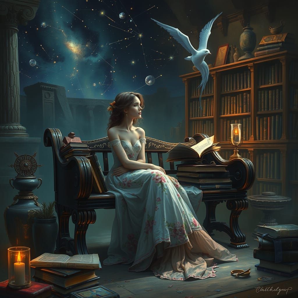 Mystical Woman Lost in Ancient Tomes and Celestial Glow