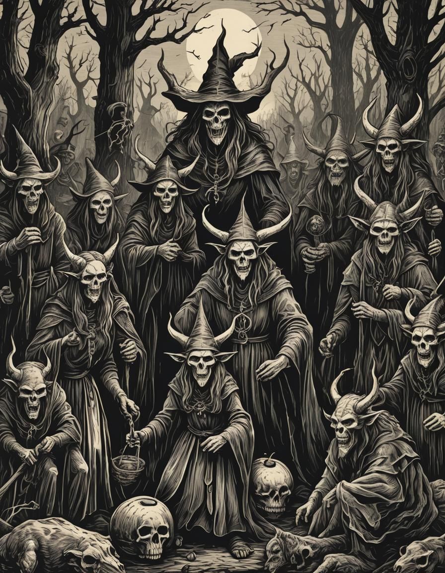 Witch Coven Demon in Medieval Woodcut Style