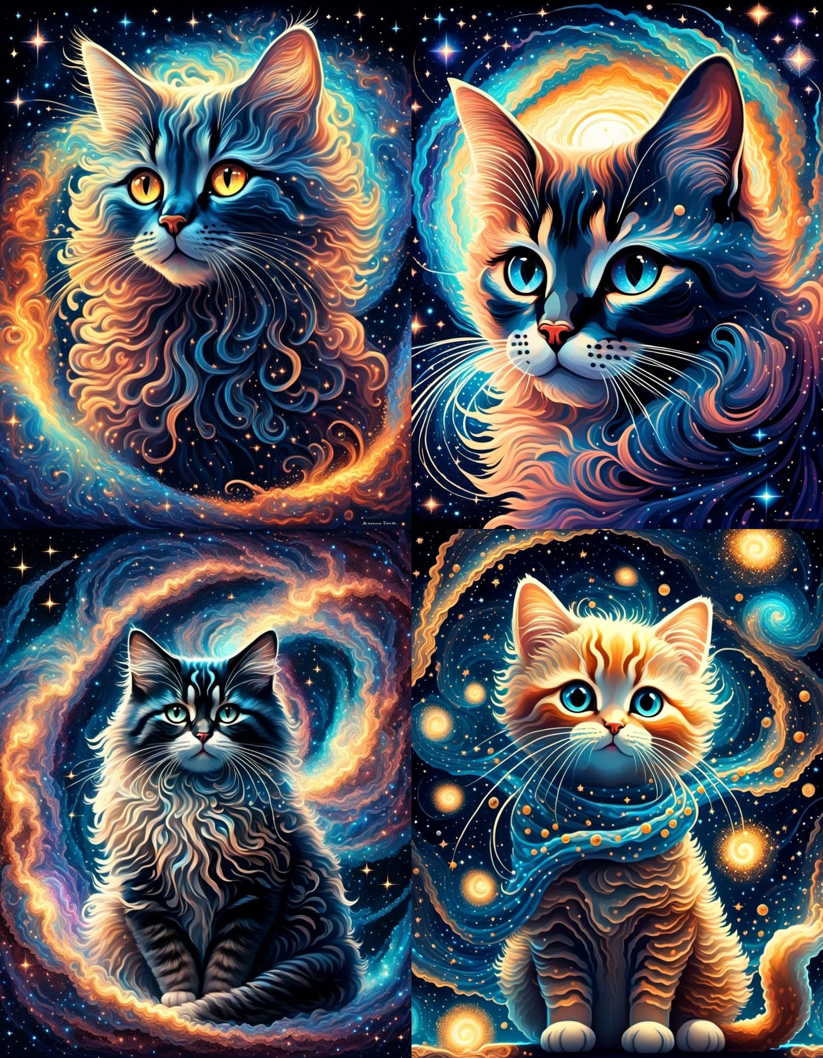 Cartoon Cat Merchant Amid Starry Fantasy Illustration