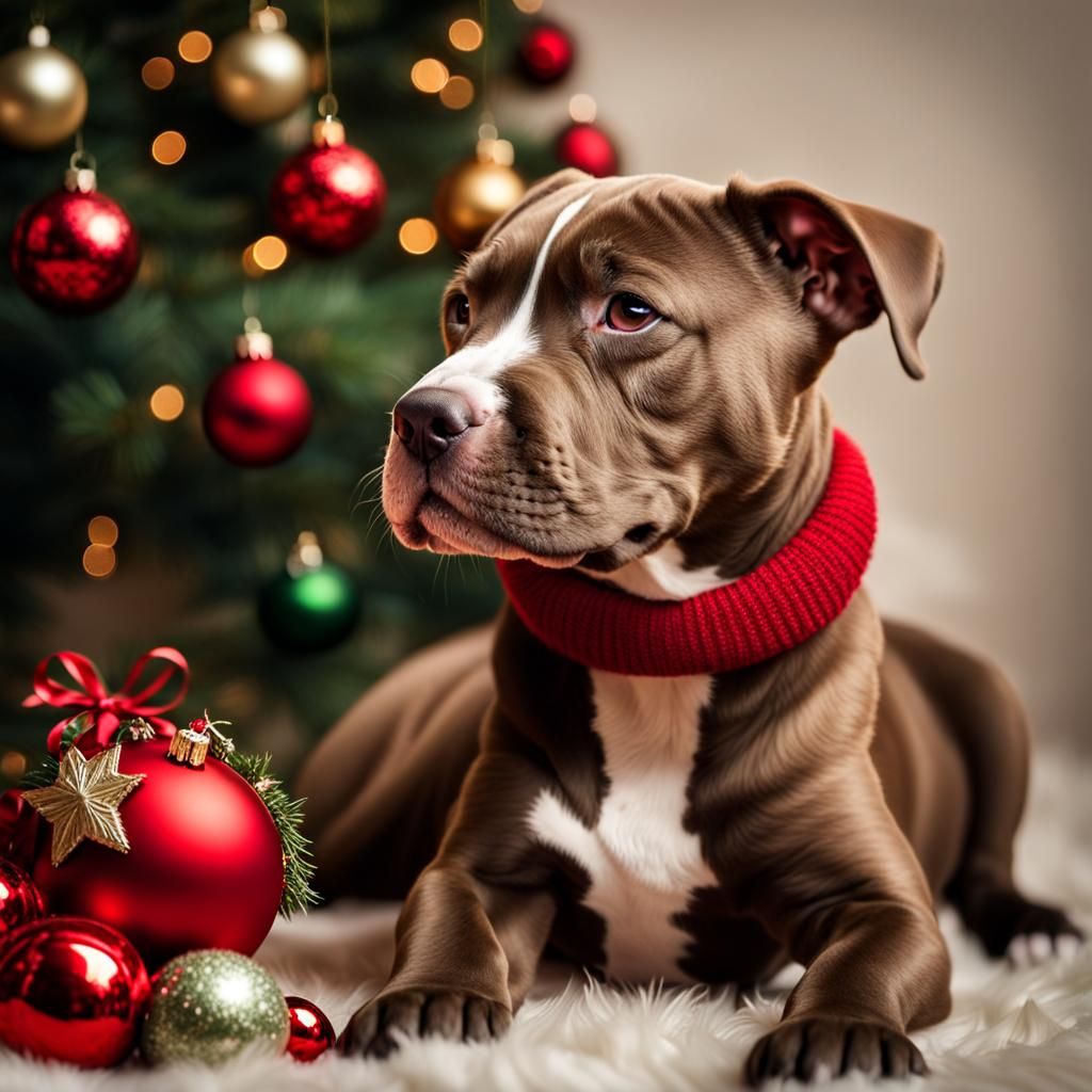 Hyperrealistic Pitbull Puppy with Christmas Ornaments