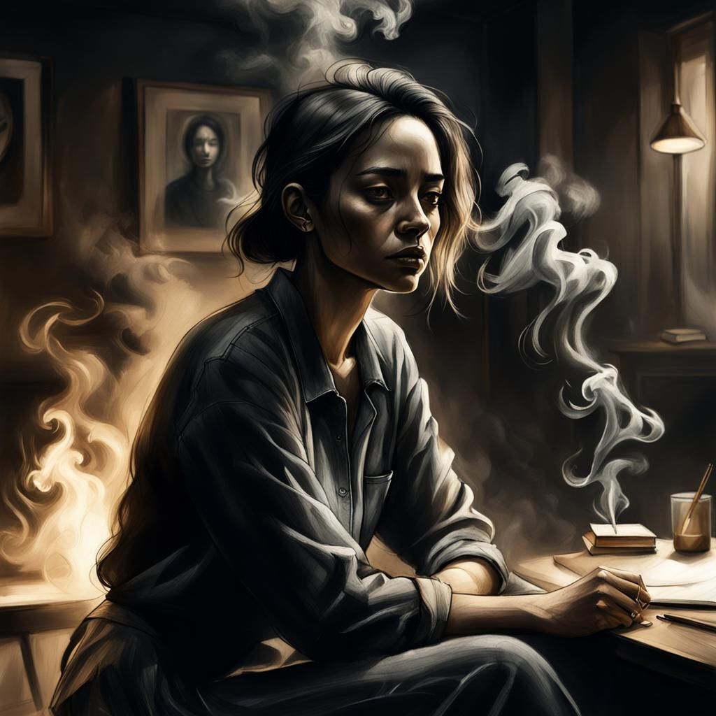 Girl in Smoky Room: Charcoal Drawing with Golden Light